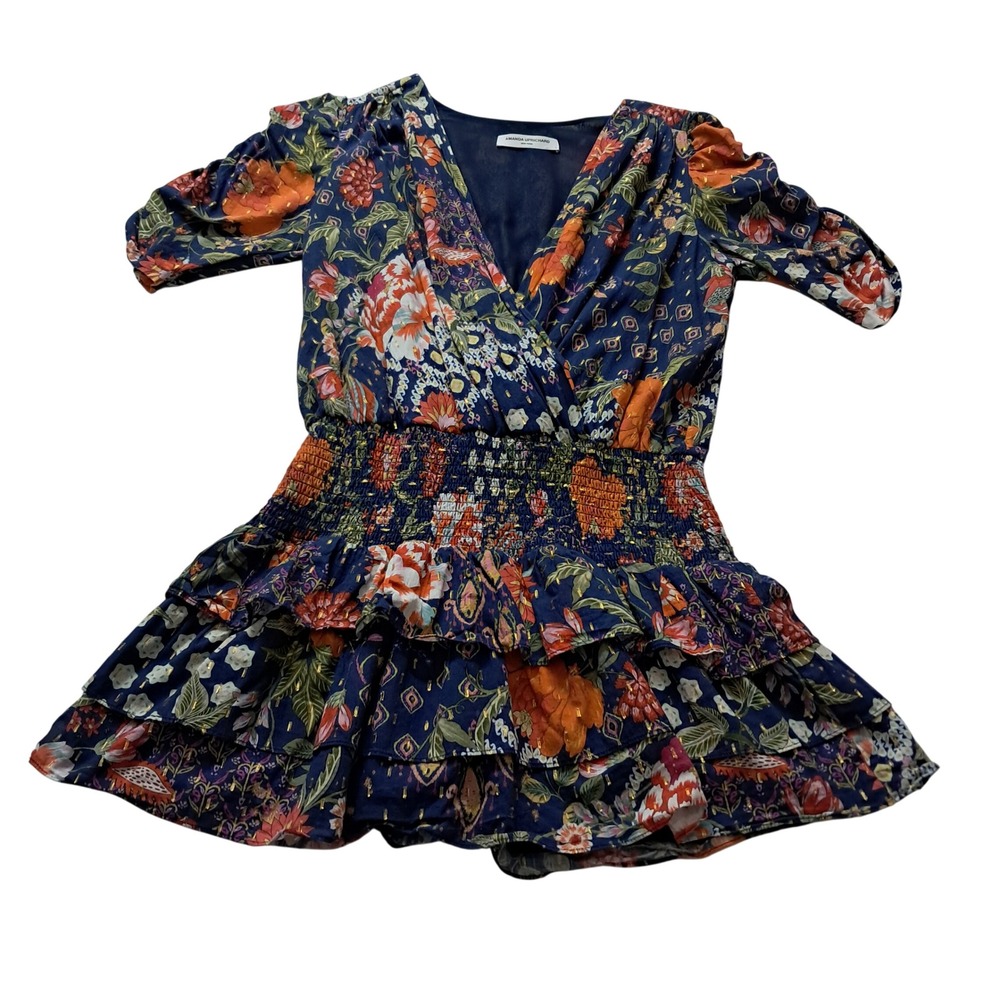 Amanda Uprichard New York Mini Dress Women's Large Floral Smocked Waist Ruffle